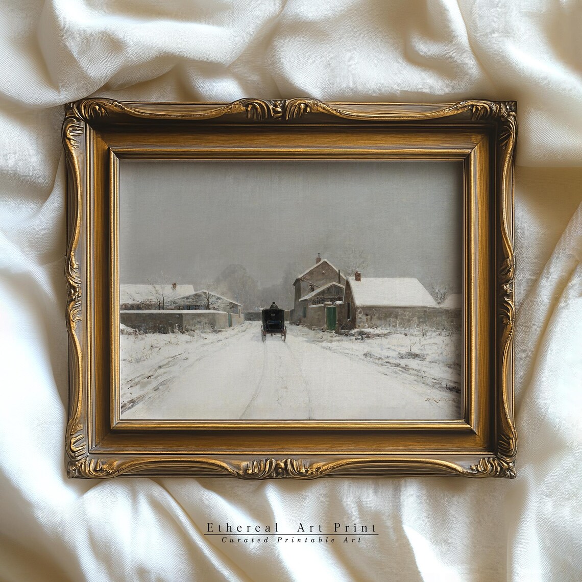 Snowy Village Street Horse Carriage Vintage Winter Painting Print - Image 2