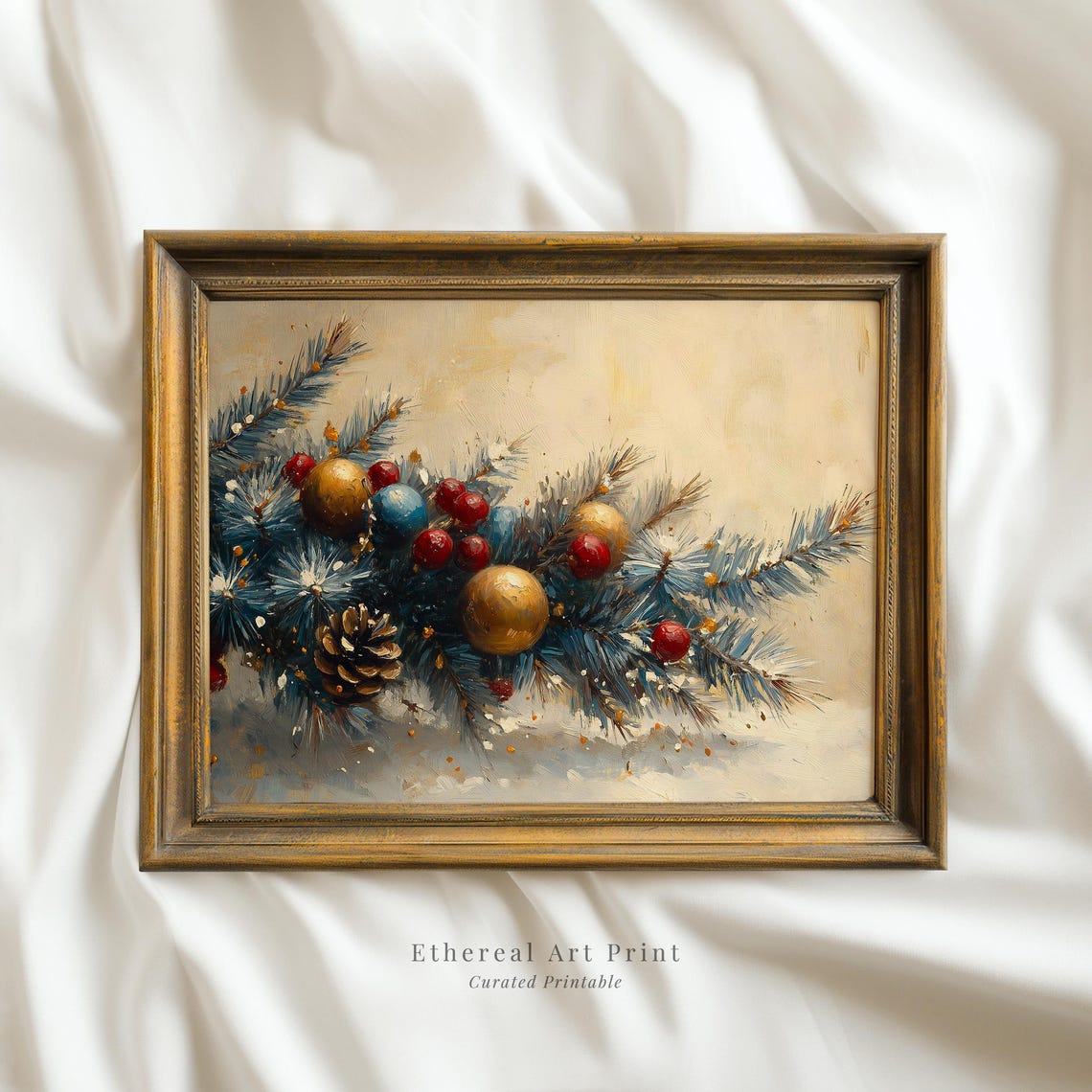 Blue Pine Garland Gold Red Ornaments Christmas Painting Wall Art