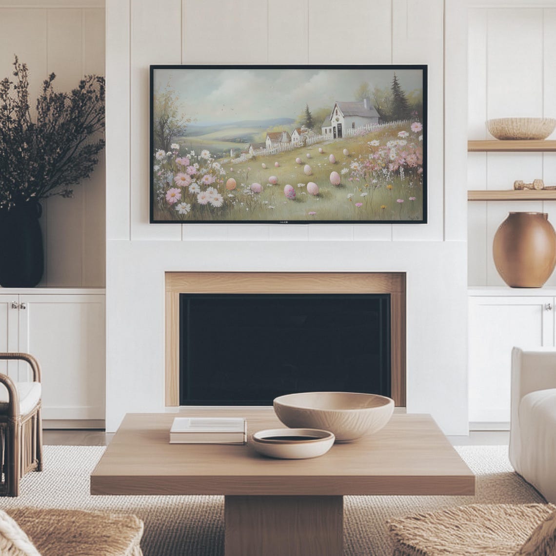 Pastel Easter Eggs On Flower Meadow Farmhouse Spring Painting Wall Art - Image 2
