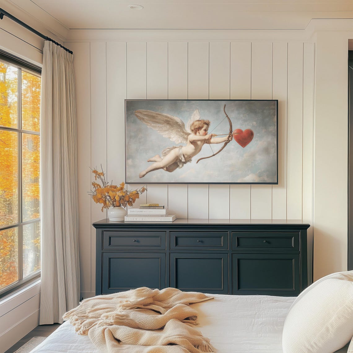 Vintage Cupid With Bow Aiming At Red Heart Romantic Painting Wall Art - Image 2