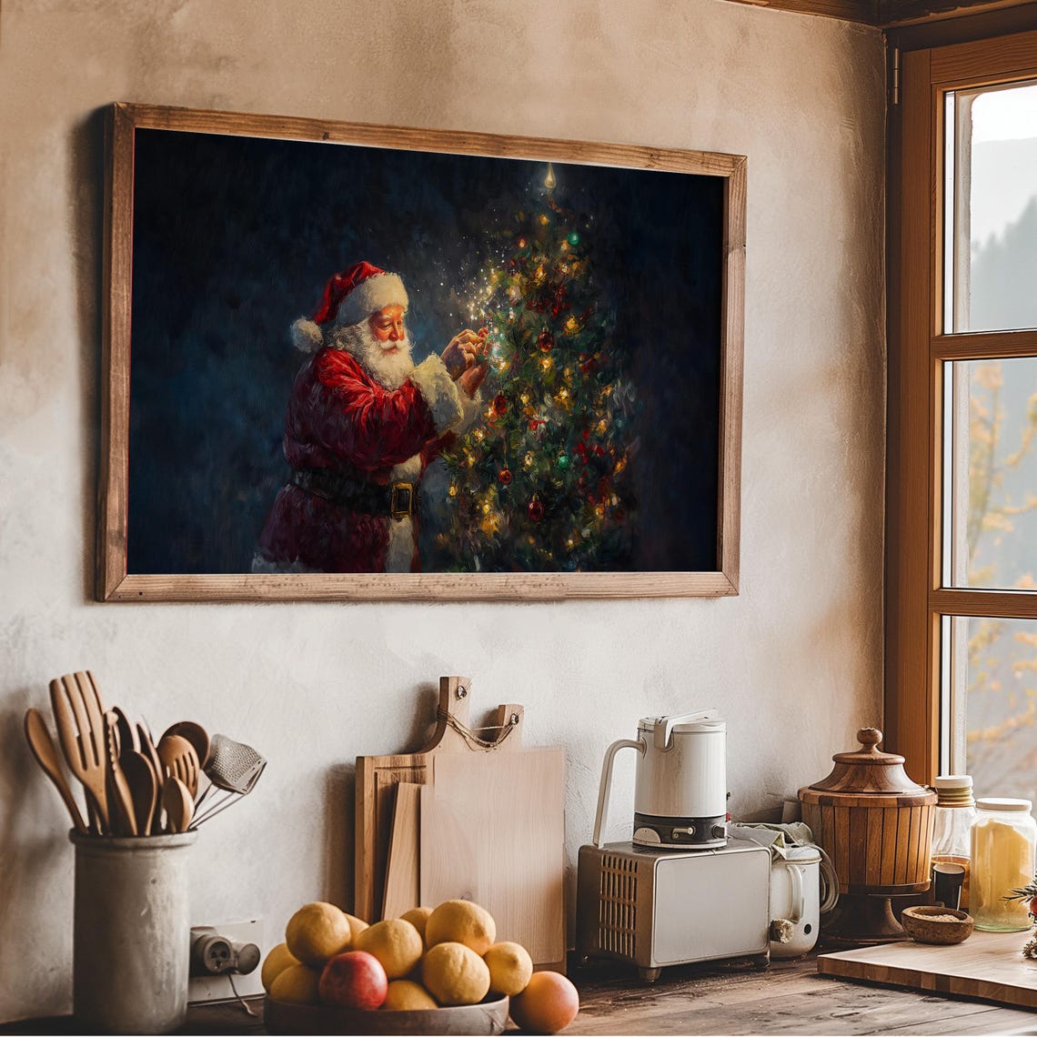 Santa Hanging Ornaments Lit Christmas Tree Festive Painting Wall Art - Image 3
