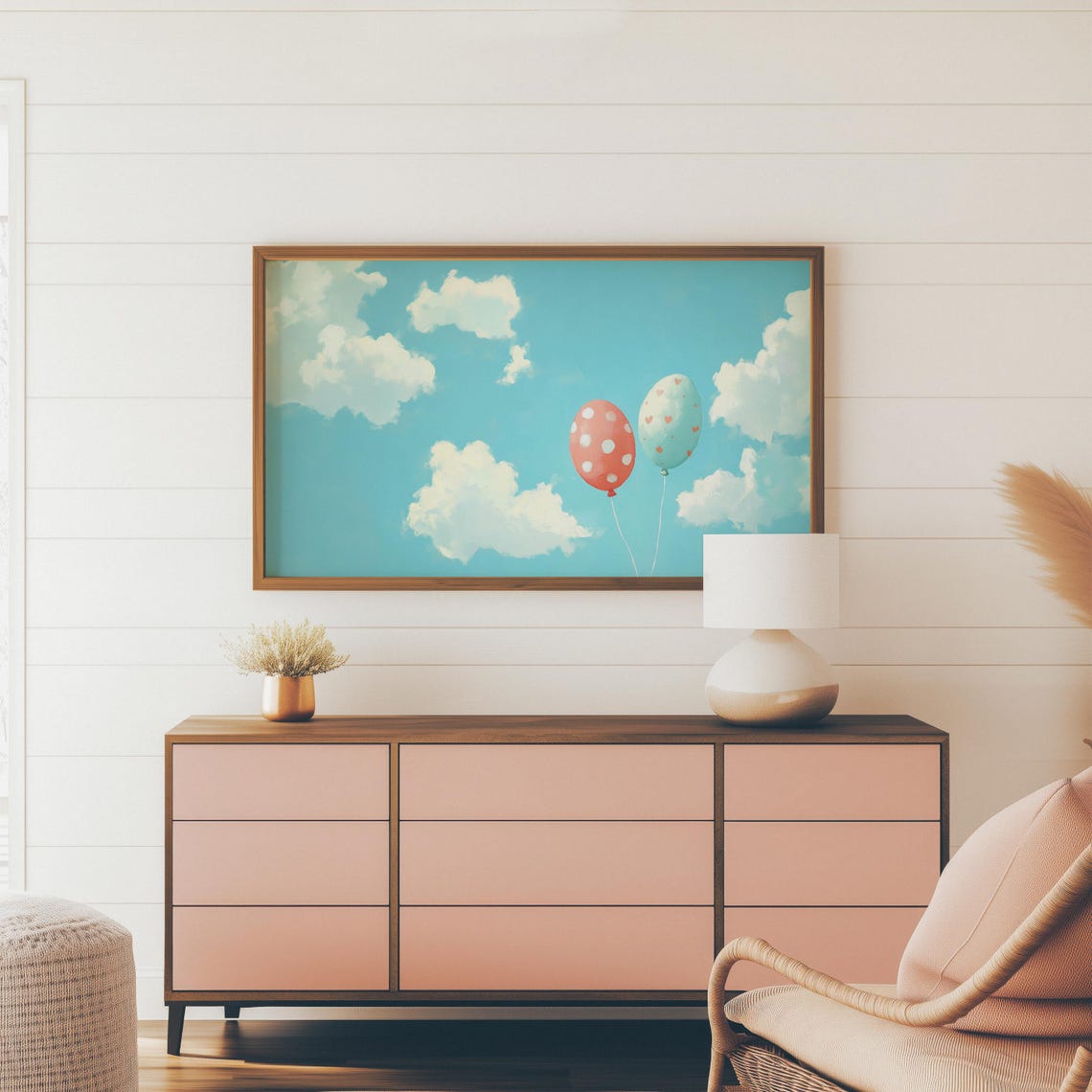Polka Dot And Heart Balloons Floating In Blue Sky Whimsy Wall Art - Image 4