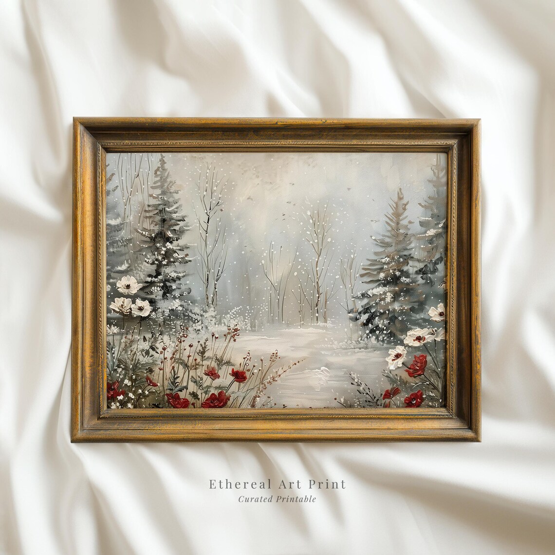Snowy Winter Forest With Wildflowers Vintage Landscape Painting Print