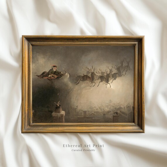 Vintage Christmas Santa Claus Print Santa Riding Sleigh Reindeer Painting Dark Moody Winter Decor Xmas Festive Prints