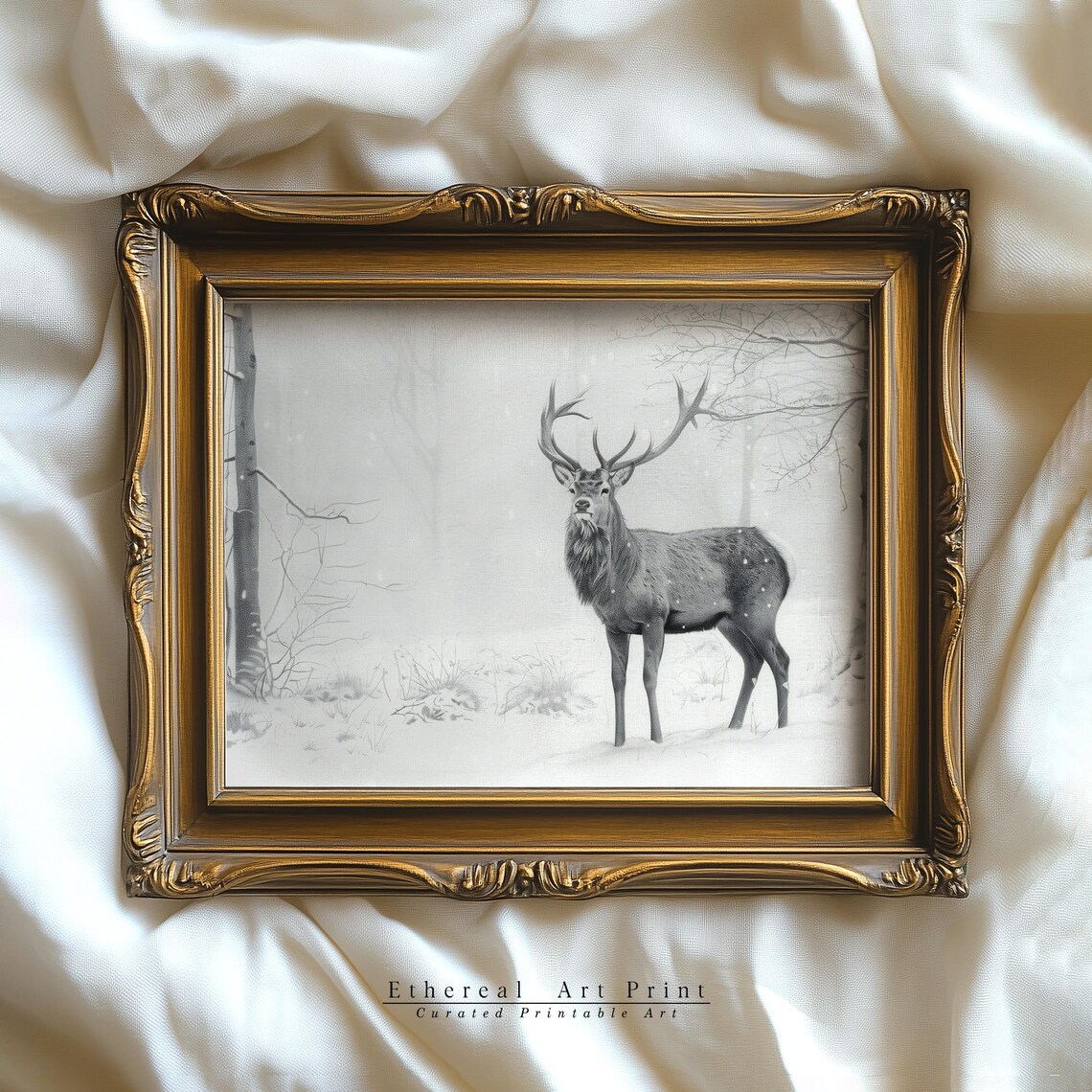 Noble Stag Standing In Snow Forest Monochrome Sketch Winter Print - Image 2