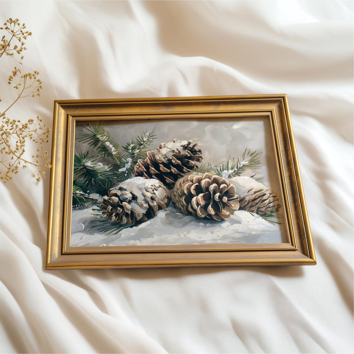 Snow Dusted Pine Cones And Pine Branches Winter Oil Painting Poster - Image 2