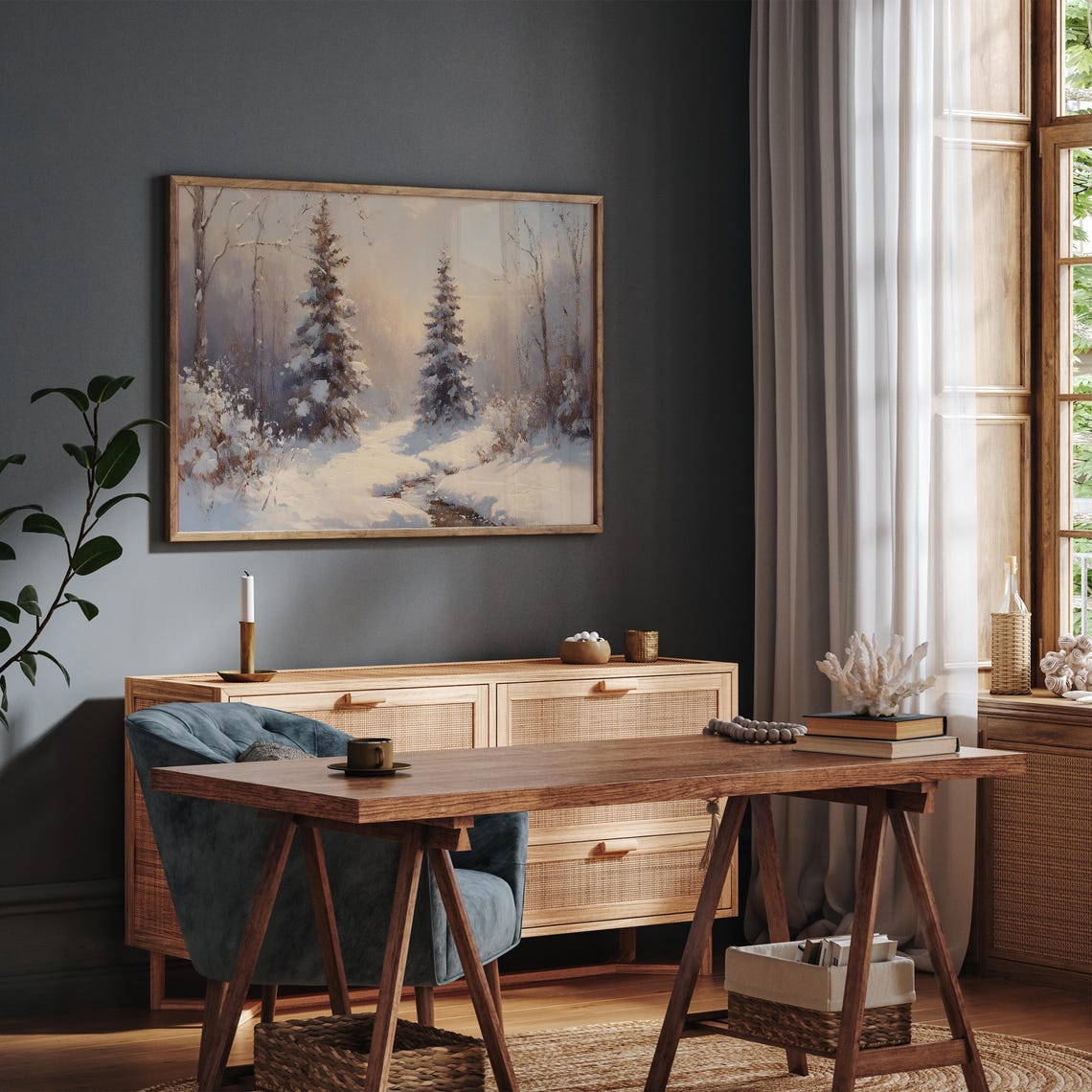 Frosted Evergreens Snowy Creek Serene Winter Landscape Wall Art - Image 3
