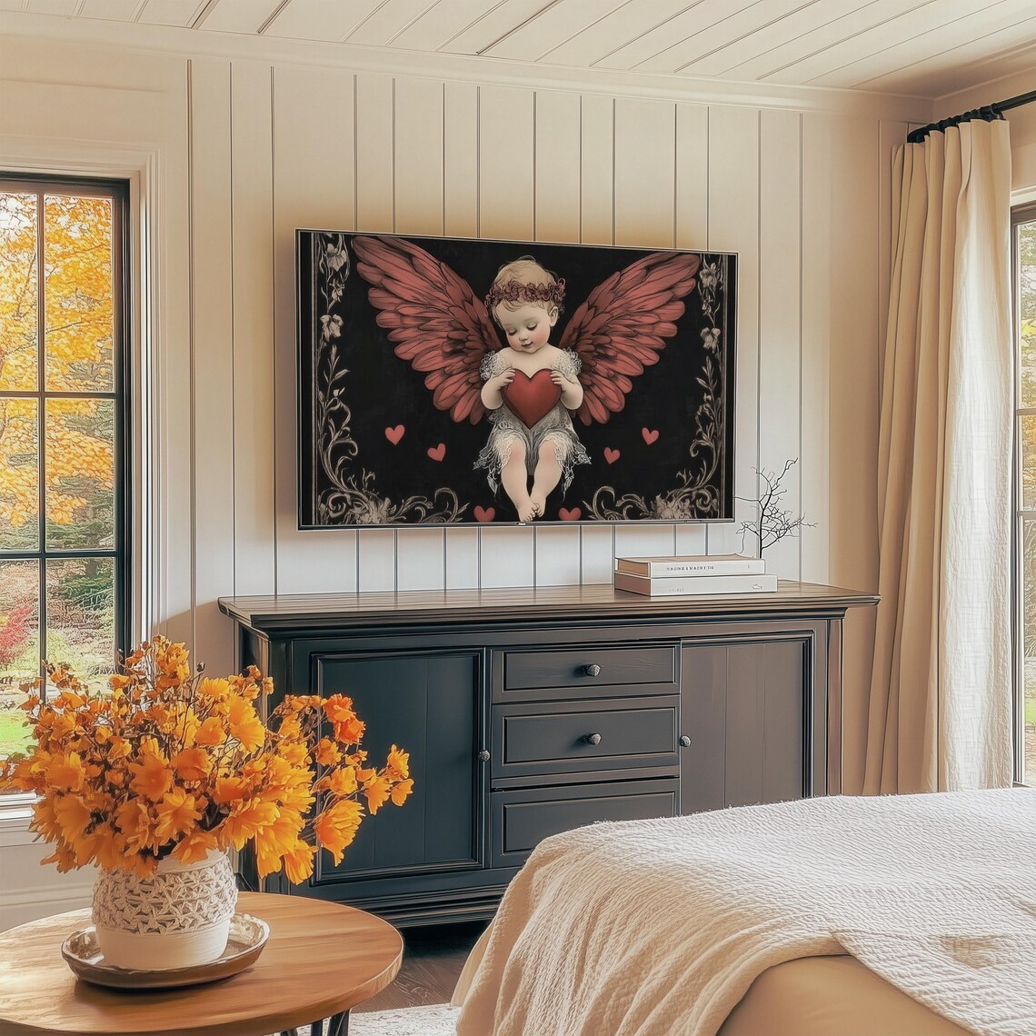 Vintage Cupid Holding Red Heart Dark Romantic Valentines Tv Art - Image 2