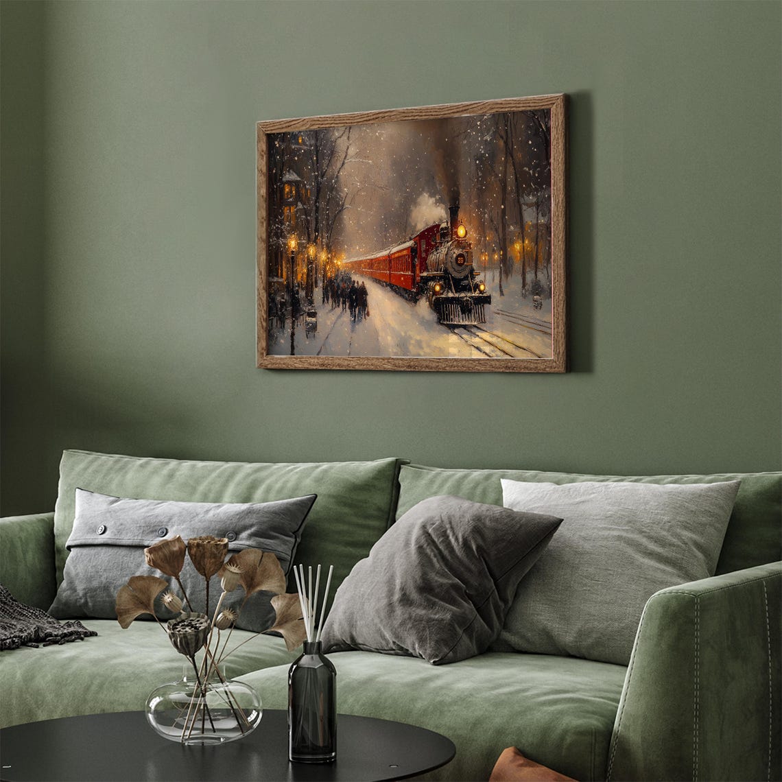 Red Steam Locomotive Snowy Station Night Crowd Holiday Wall Art - Image 4