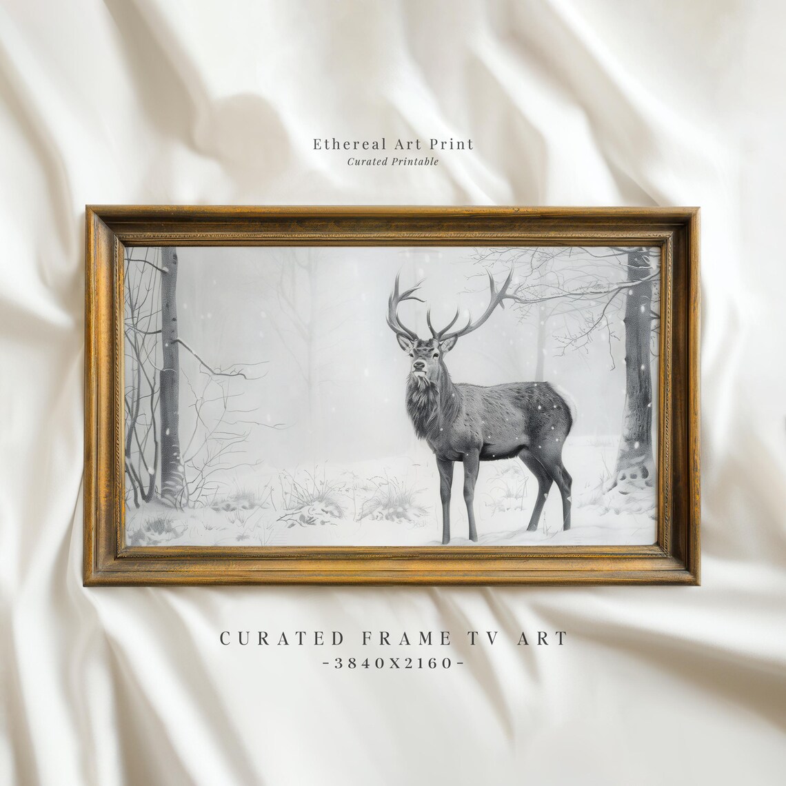 Majestic Stag Snowy Forest Charcoal Sketch Winter Landscape Print