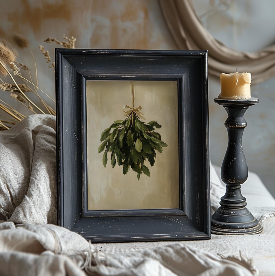 Hanging Mistletoe Oil Painting Vintage Christmas Greenery Art Print - Image 3