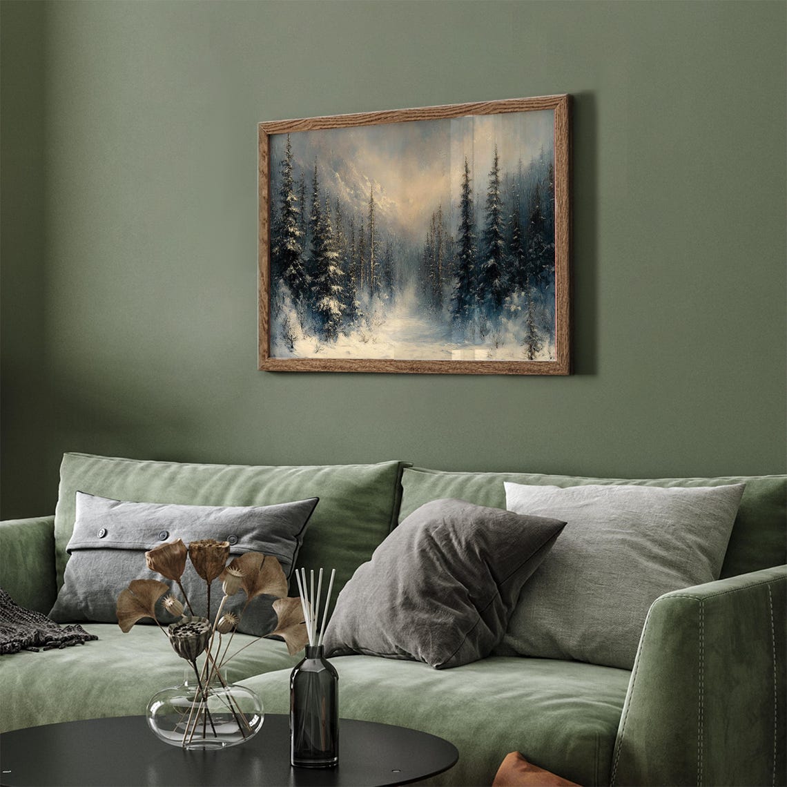 Misty Snowy Evergreen Forest Path Winter Mountain Scene Wall Art - Image 3