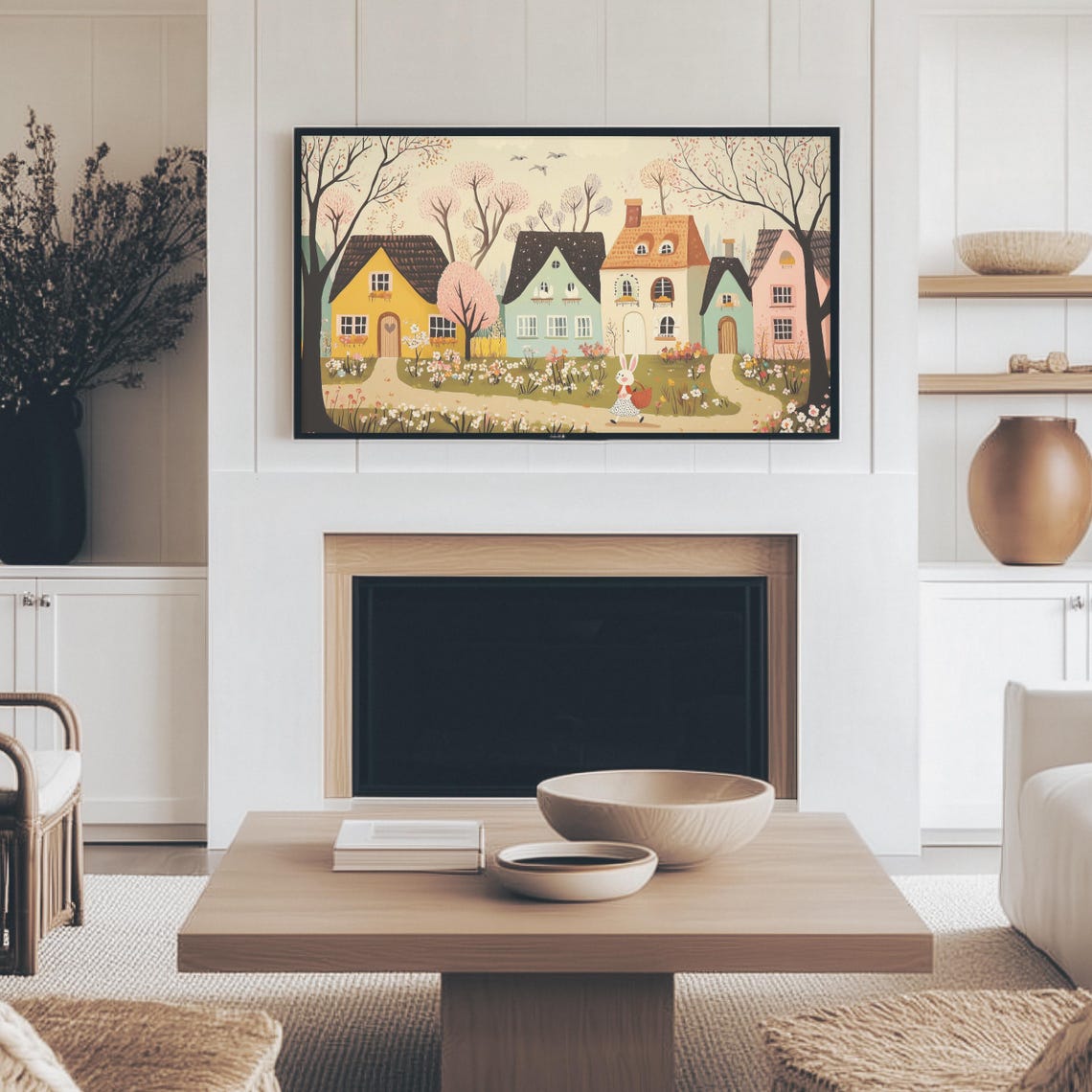 Storybook Easter Village Cottages Bunny With Basket Spring Print - Image 4