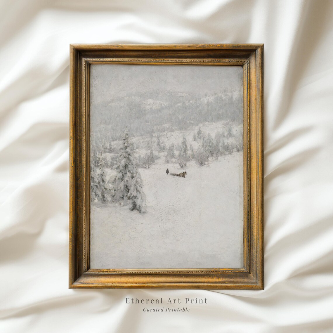 Vintage Snowy Forest Landscape Winter Mountains Oil Painting Print