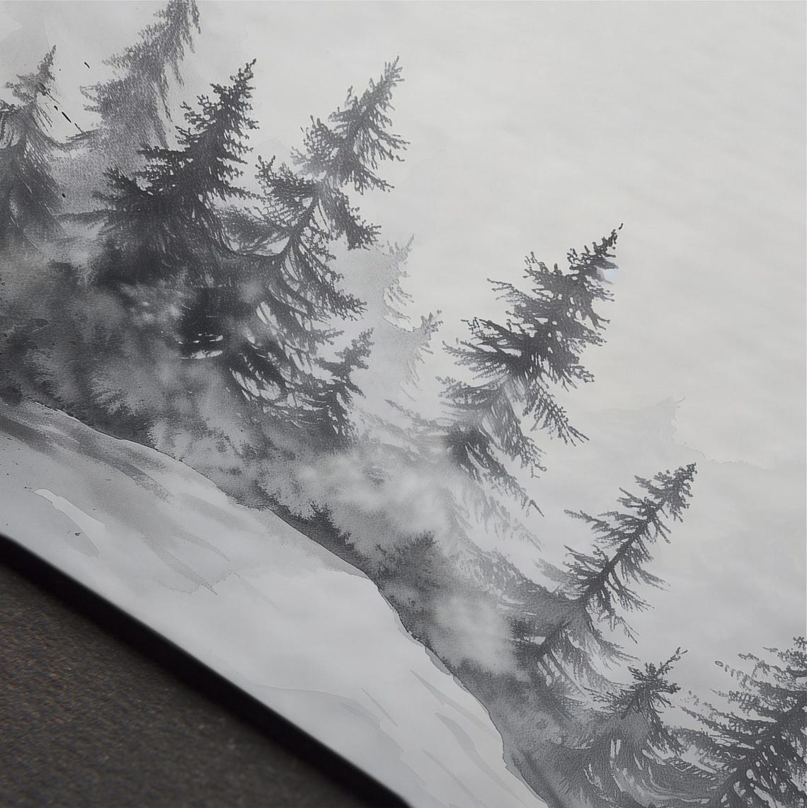 Foggy Pine Trees Sketch Winter Forest Gray Landscape Wall Art - Image 4