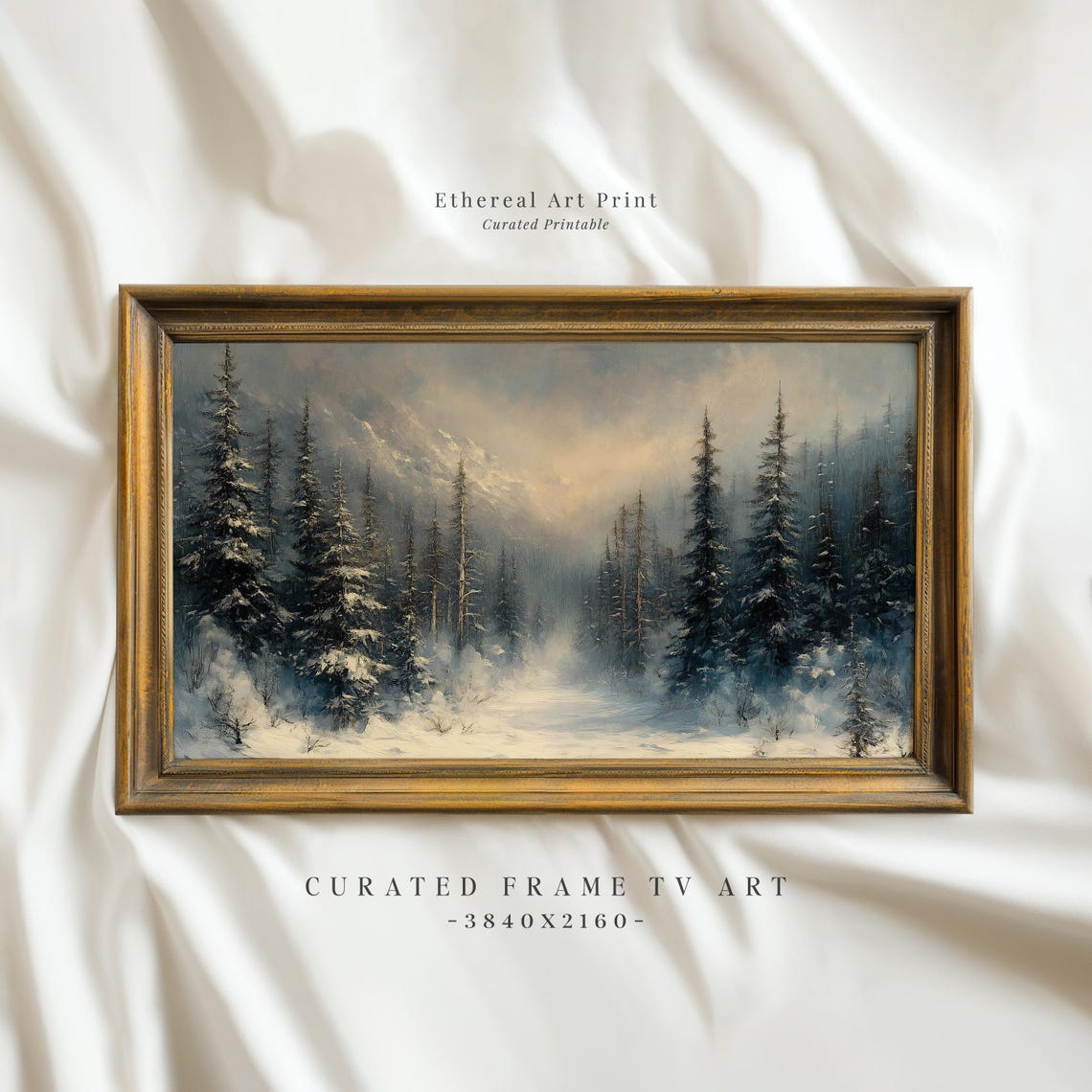 Misty Snowy Evergreen Forest Path Winter Mountain Scene Wall Art
