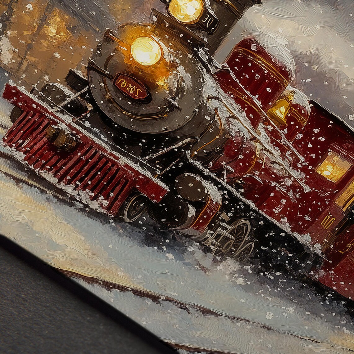 Red Steam Train Snowy Night City Street Vintage Christmas Print - Image 4