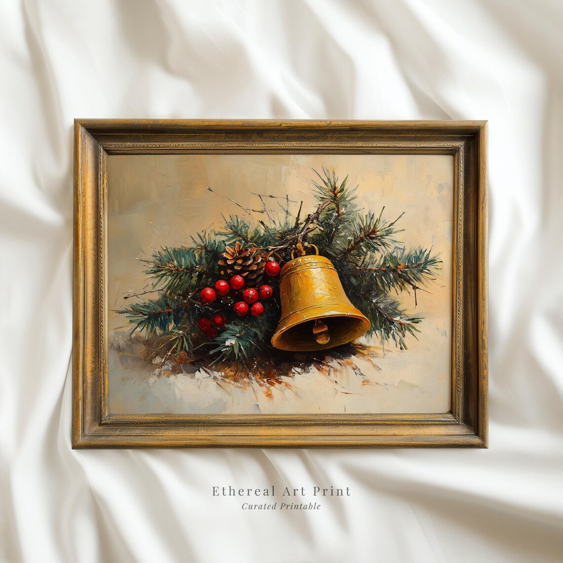 Antique Gold Christmas Bell On Evergreen Boughs Holiday Art Print