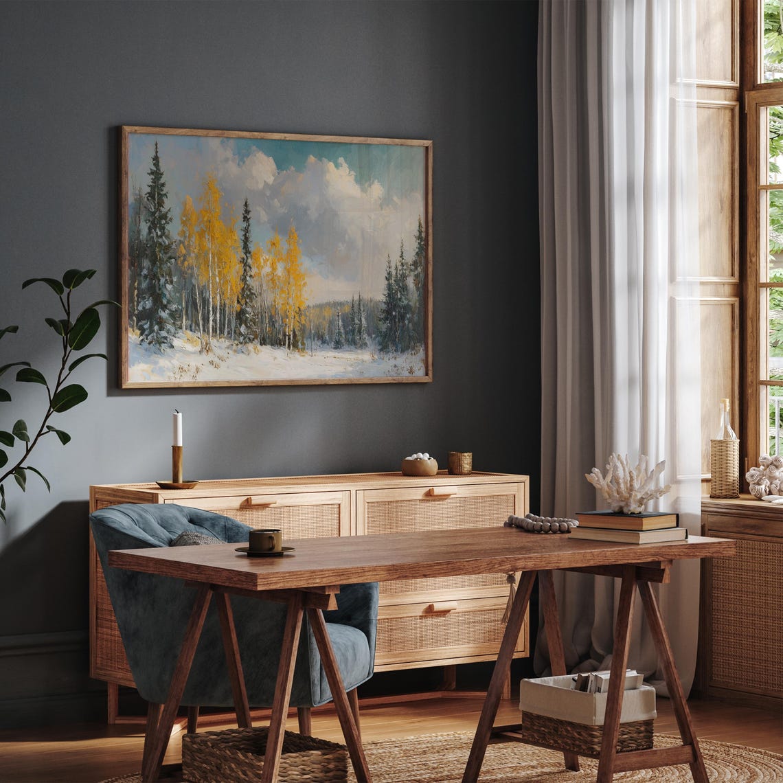 Golden Birch Trees Snowy Winter Landscape Oil Painting Wall Art - Image 3