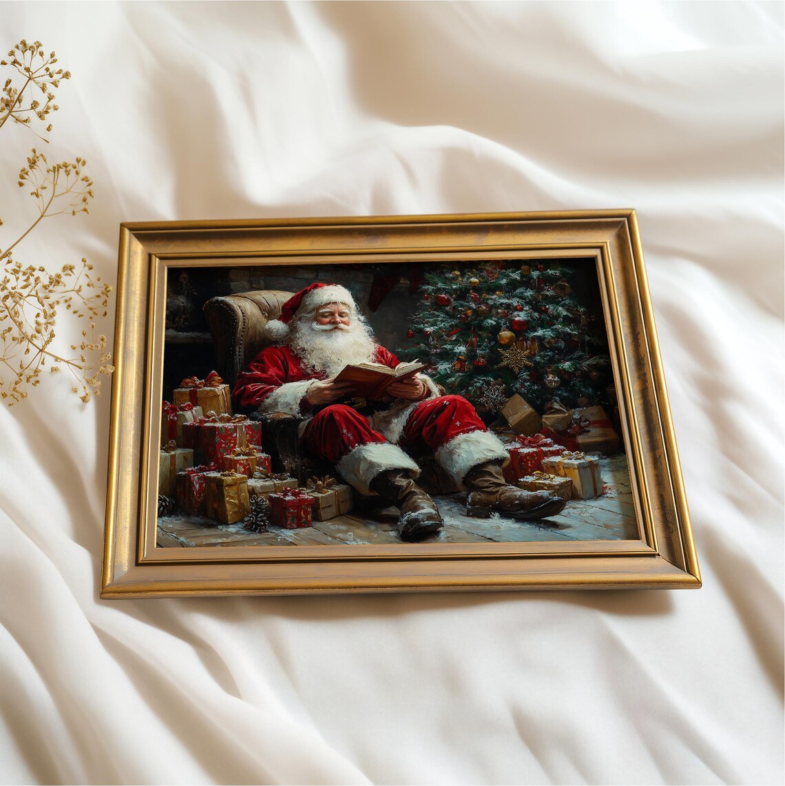 Santa Reading By Christmas Tree Armchair Holiday Painting Wall Art - Image 3