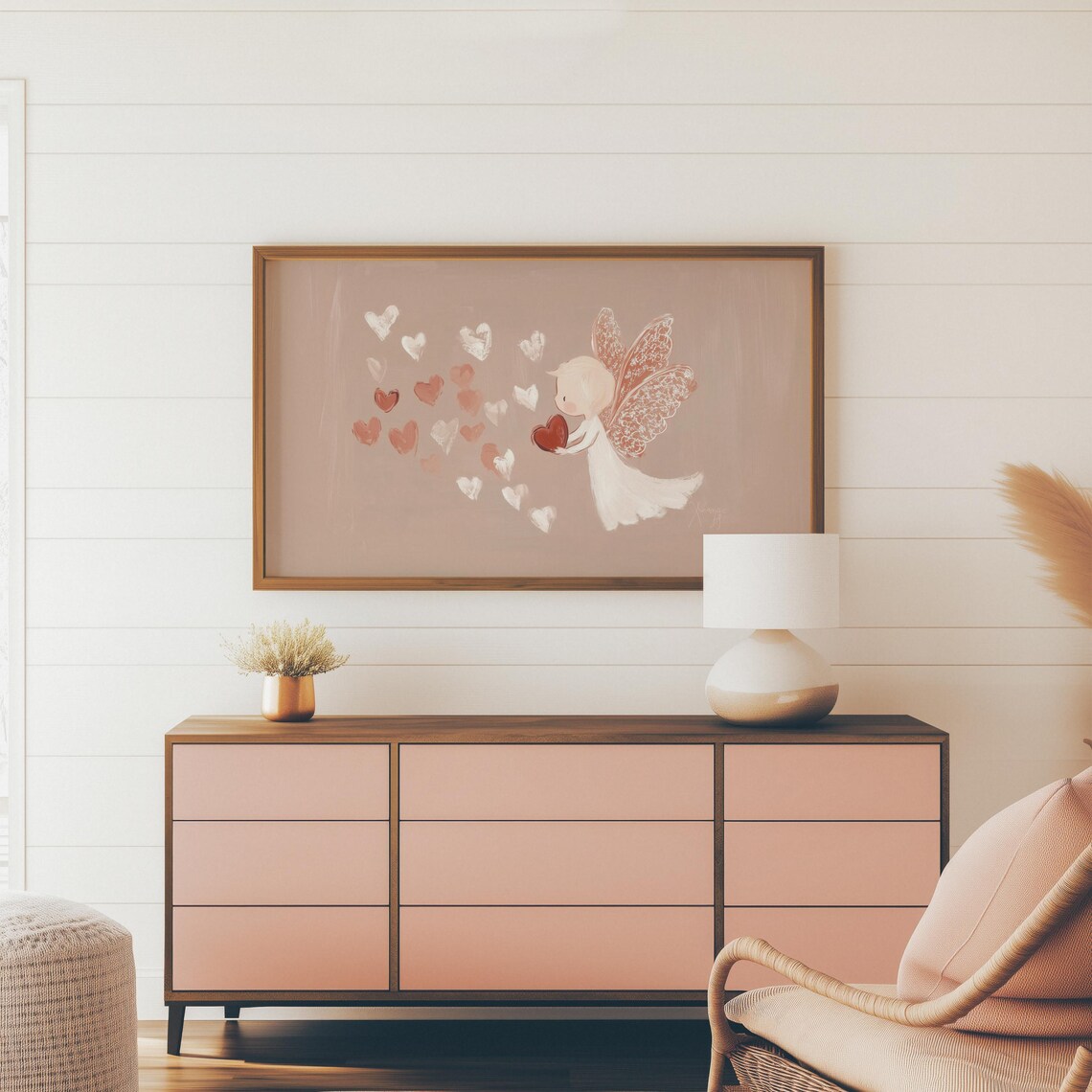Minimalist Angel With Lace Wings Holding Heart Blush Art Print - Image 3