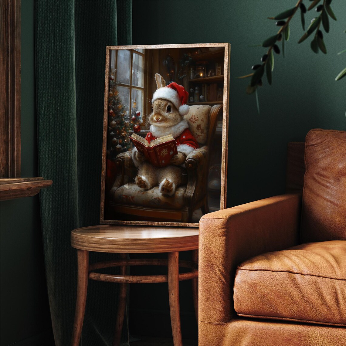 Storybook Bunny Santa Suit Reading By Christmas Tree Print Art - Image 2