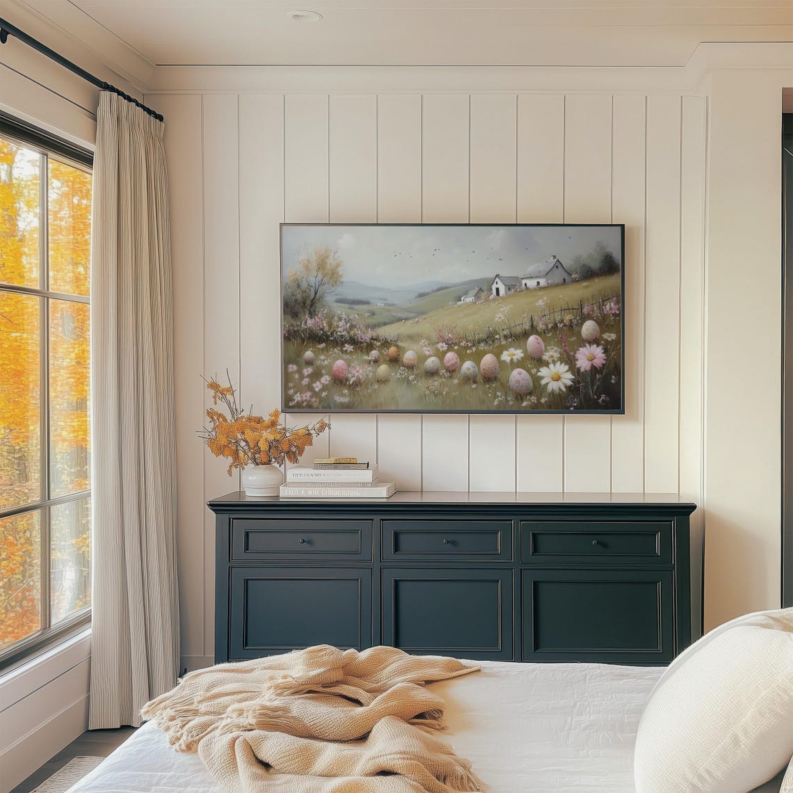 Easter Eggs In Wildflower Meadow Farmhouse Hillside Spring Wall Art - Image 3