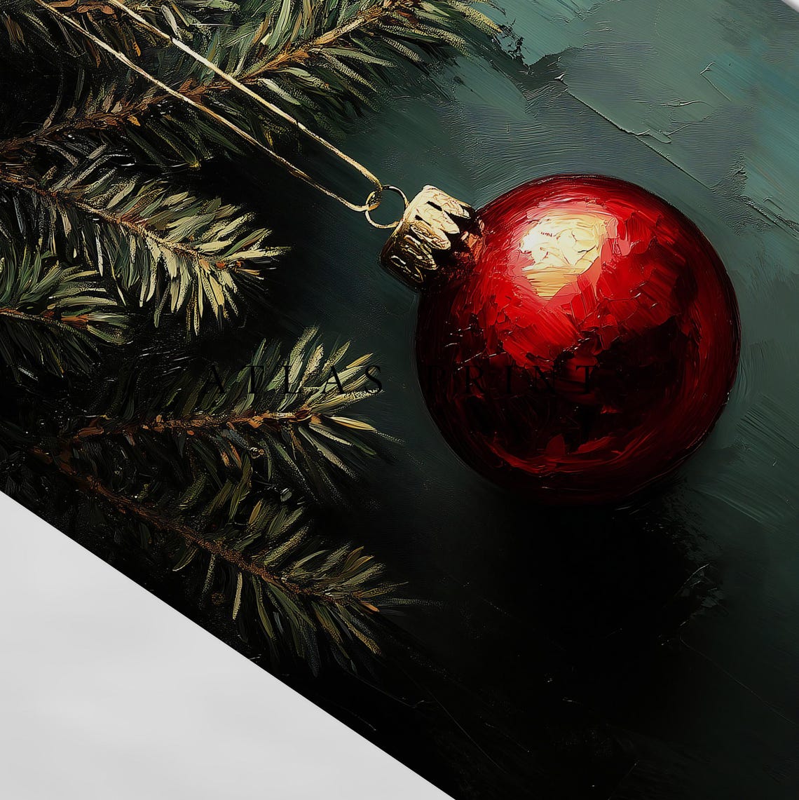 Single Red Christmas Bauble On Pine Branch Dark Moody Art Print - Image 4