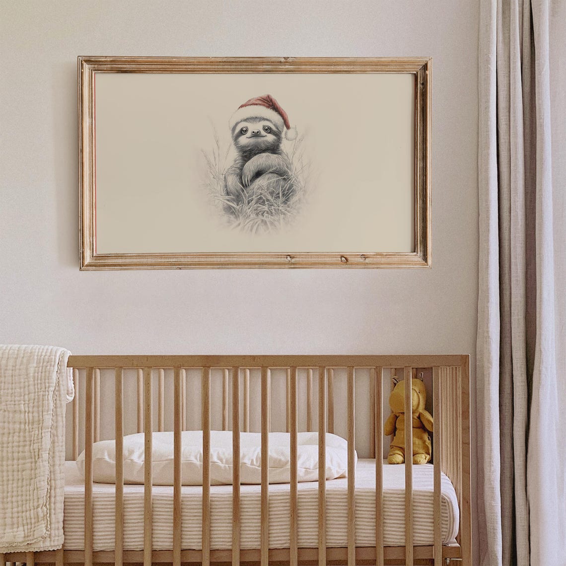 Baby Sloth Santa Hat Smiling Sketch Neutral Christmas Winter Wall Art - Image 4