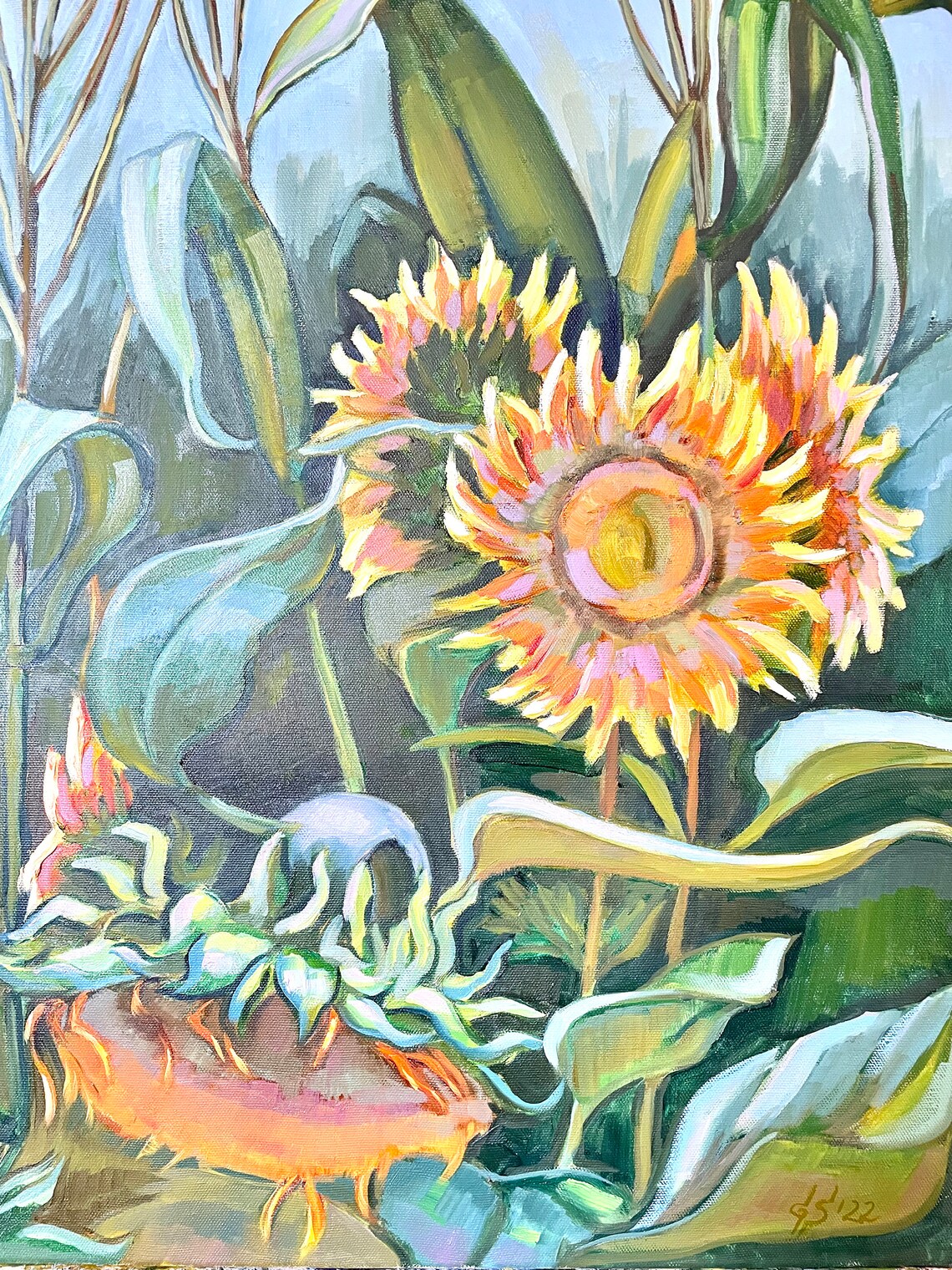 Vibrant Sunflowers Oil Painting Pink Orange Botanical Blooms Poster