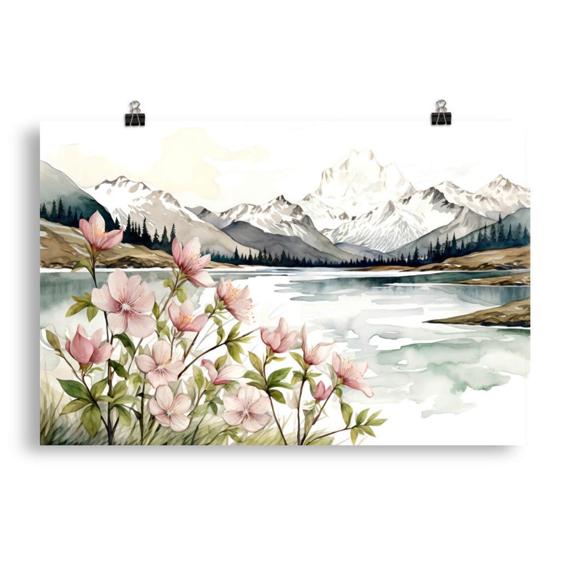 Snowy Mountain Lake Pink Wildflowers Watercolor Landscape Poster - Image 5