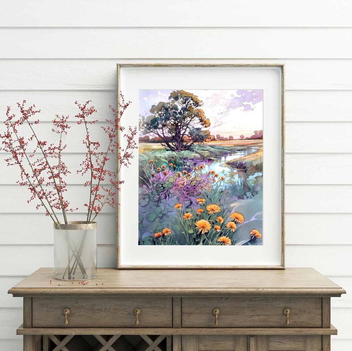 Orange Marigolds and Pond Lilies Watercolor Landscape Poster - Image 4