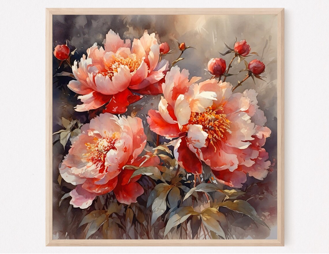 Coral Peony Blooms Close Up Blossoms Buds Watercolor Floral Poster