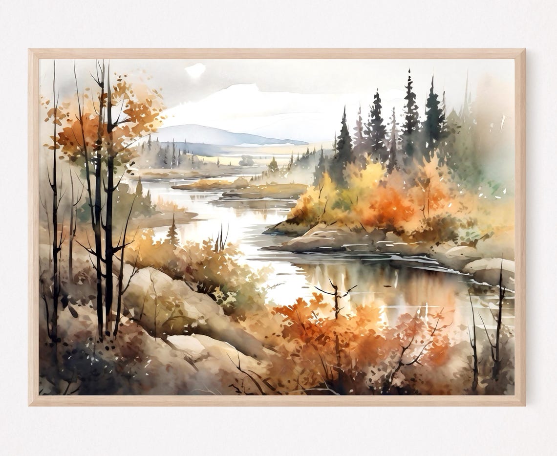 Autumn River with Golden Foliage and Bare Trees Watercolor Poster