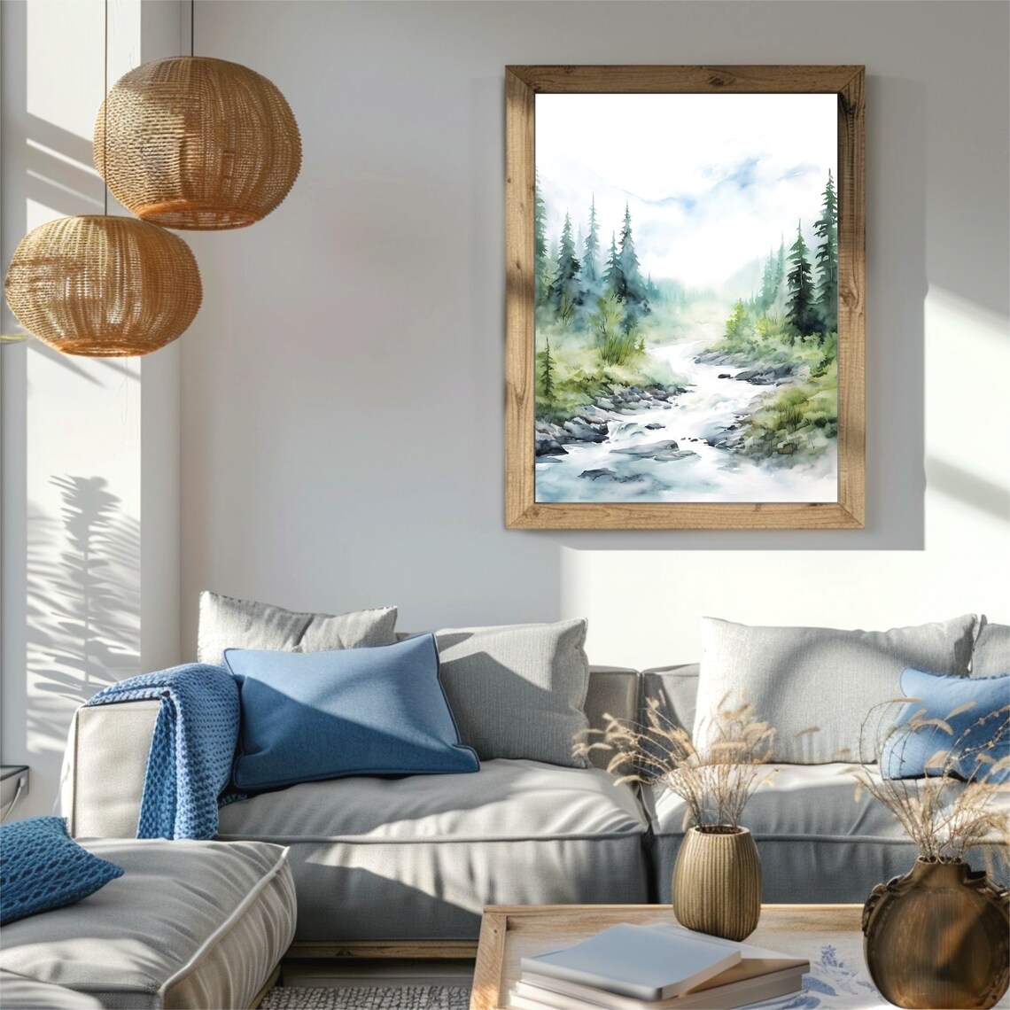 Mountain Stream Watercolor Rushing Creek Pine Forest Peaks Poster - Image 2