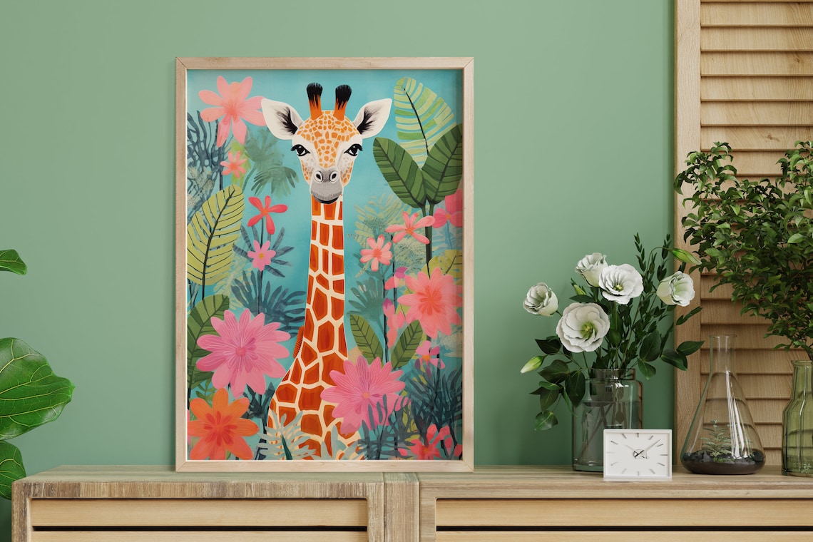 Giraffe In Pastel Botanical Jungle Art Print - Image 4
