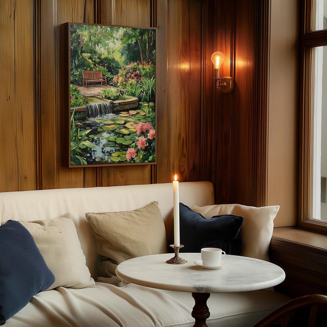 English Cottage Garden Pond Waterfall Bench Floral Art Poster - Image 2