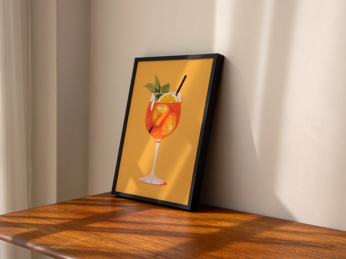 Retro Minimalist Aperol Spritz Orange Cocktail on Yellow Art Print - Image 2