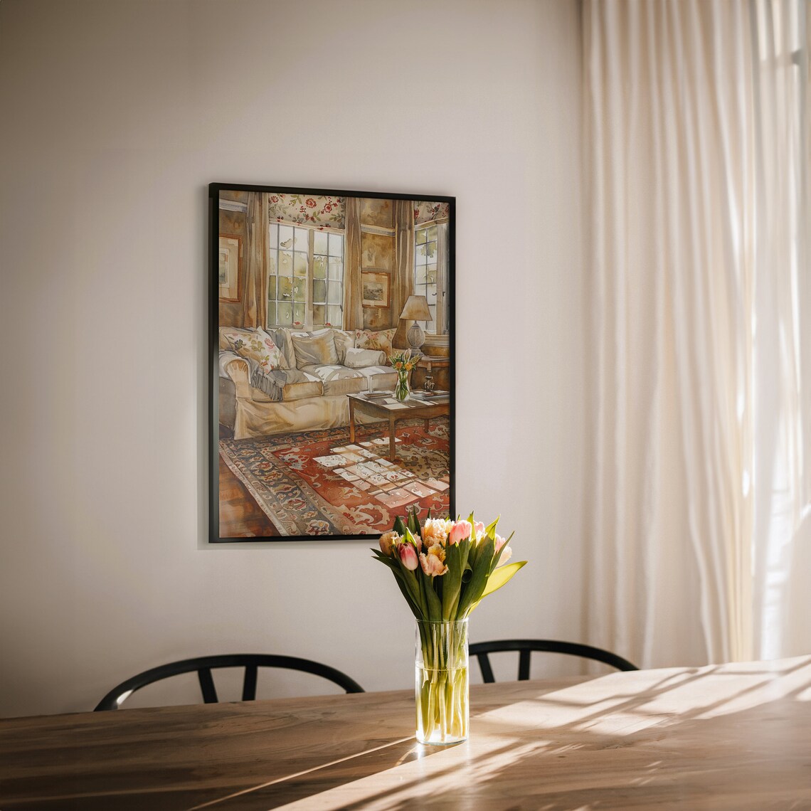 Cosy Traditional Living Room Sunlit Watercolor Interior Art Print - Image 3
