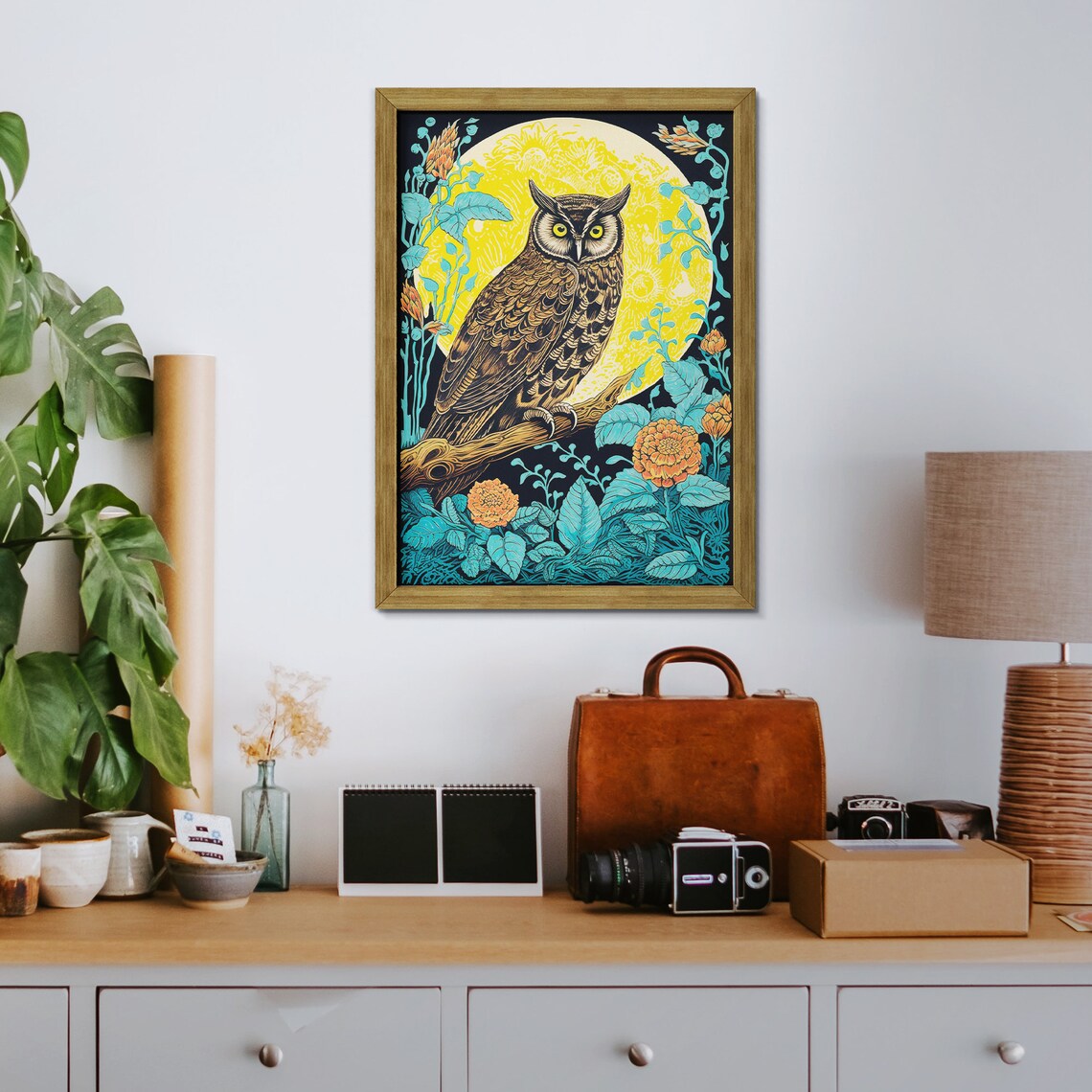 Owl And Flowers Under Moonlight, Vintage Block Print - Image 2