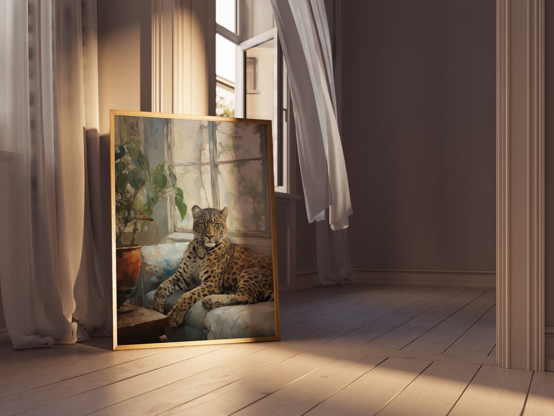 Leopard Sitting On Sofa, Bohemian Interior Art Print - Image 3
