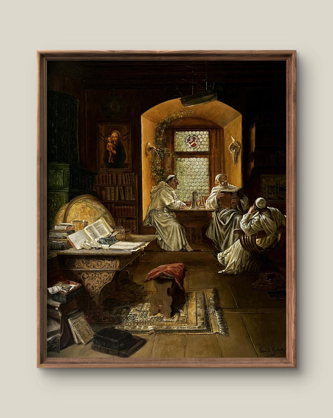 Vintage Monks Library Interior Historic Antique Painting Poster