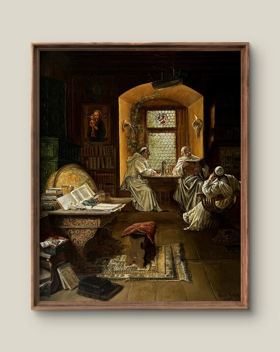 Vintage Monks Library Interior Historic Antique Painting Poster