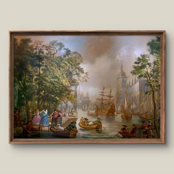 Vintage European Harbor Cityscape Sailing Ships Antique Oil Painting Print