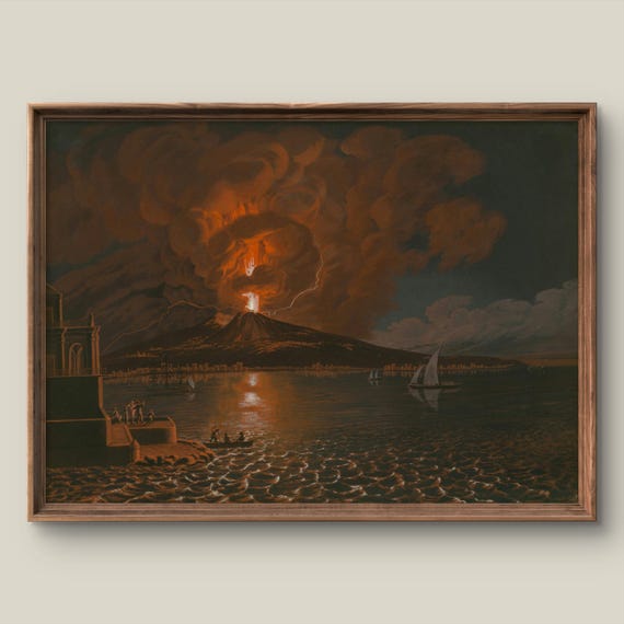 Vintage Seascape Art Print Volcano Wall Decor Antique Painting Mount Vesuvius Instant