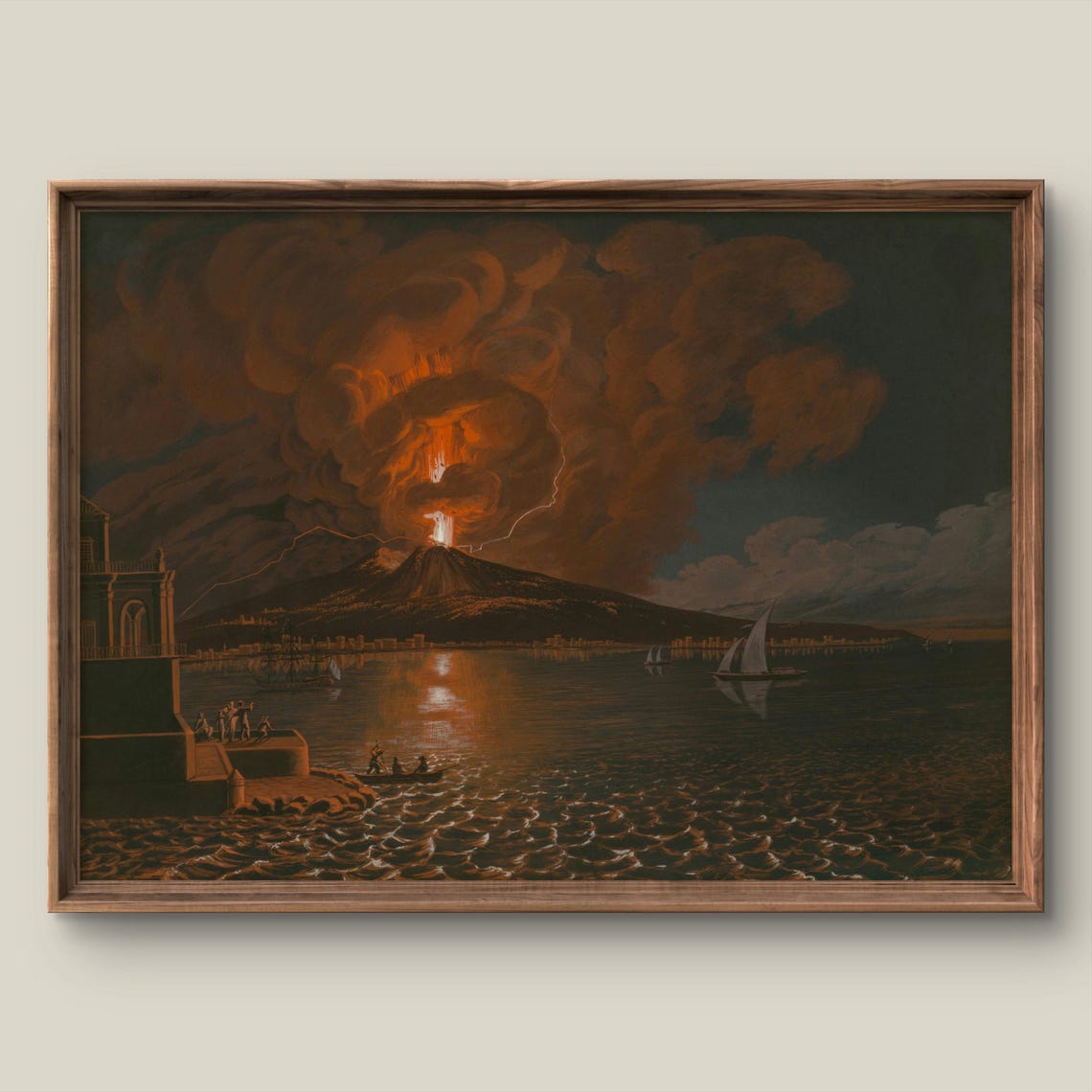 Mount Vesuvius Erupting Night Over Naples Bay Vintage Poster