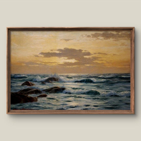 Vintage Seascape Art Print Retro Wall Decor Antique Painting Evening Sunset Instant