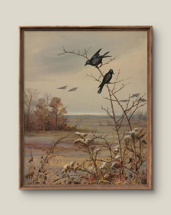 Crows Perched On Bare Branches Autumn Marsh Vintage Bird Poster