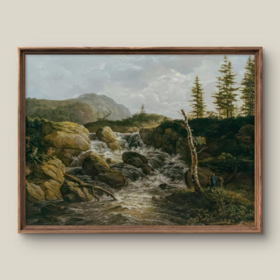 Vintage Mountain Landscape Art Print Forest Wall Decor Antique Painting Summer Waterfall Instant