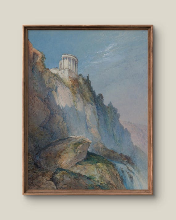 Vintage Watercolor Landscape Art Print Roman Wall Decor Antique Painting Mountain Instant